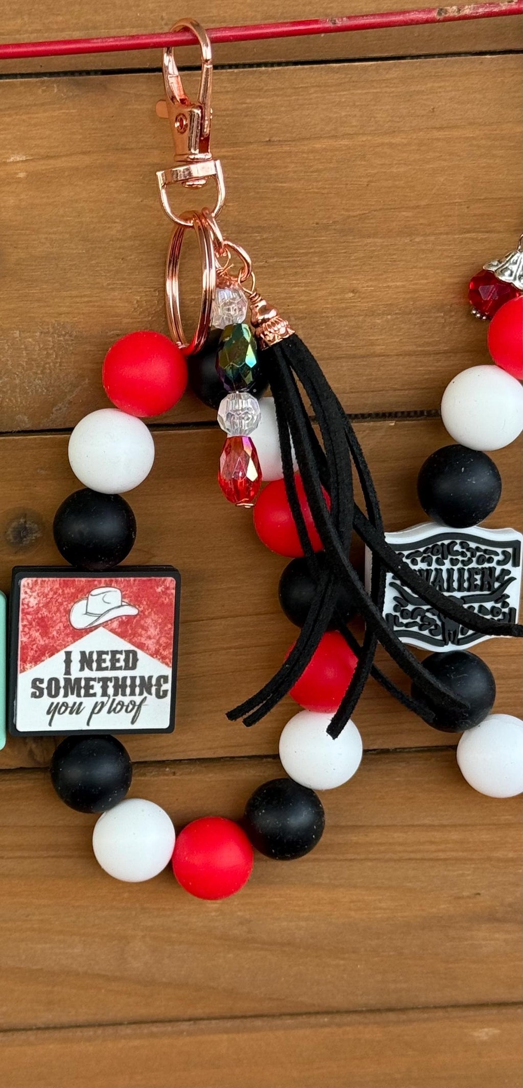 Country Music Silicone Beaded Wristlet Bracelet Keychain with Leather Tassel & Crystal Jewel