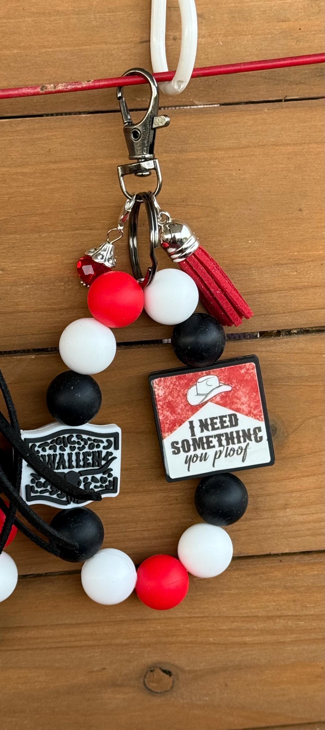 Country Music Silicone Beaded Wristlet Bracelet Keychain with Leather Tassel & Crystal Jewel