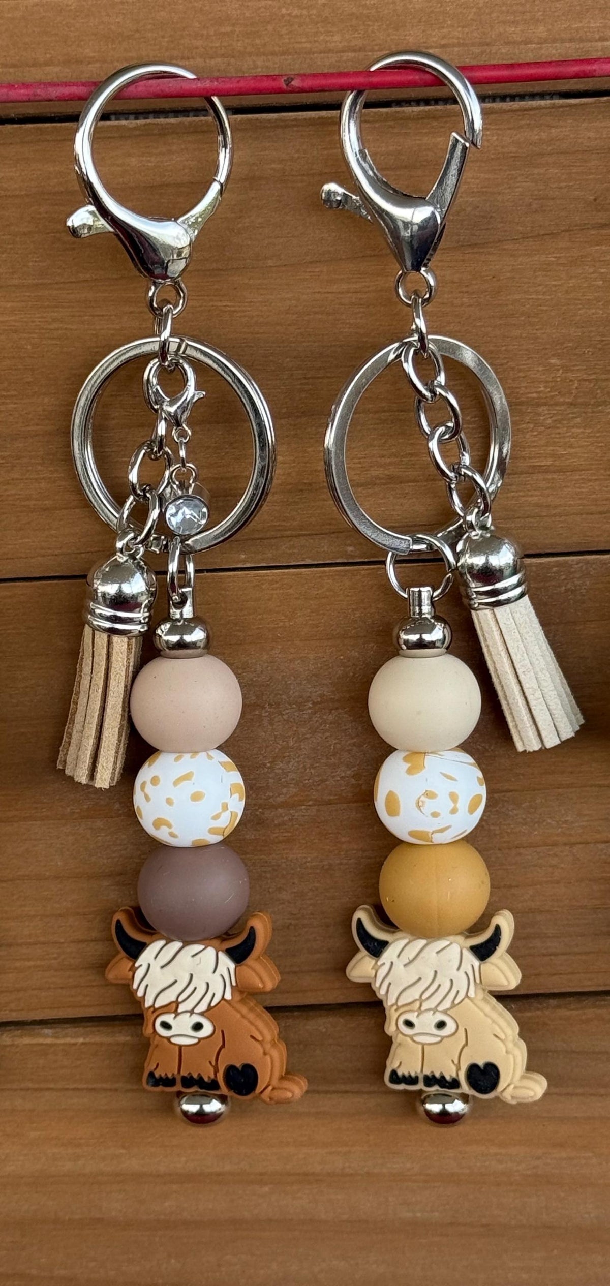 Highland Cow Silicone Beaded Keychain with Leather Tassel