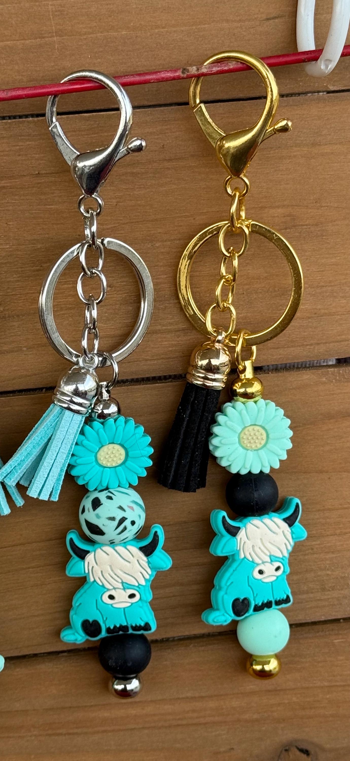 Highland Cow Silicone Beaded Keychain with Leather Tassel