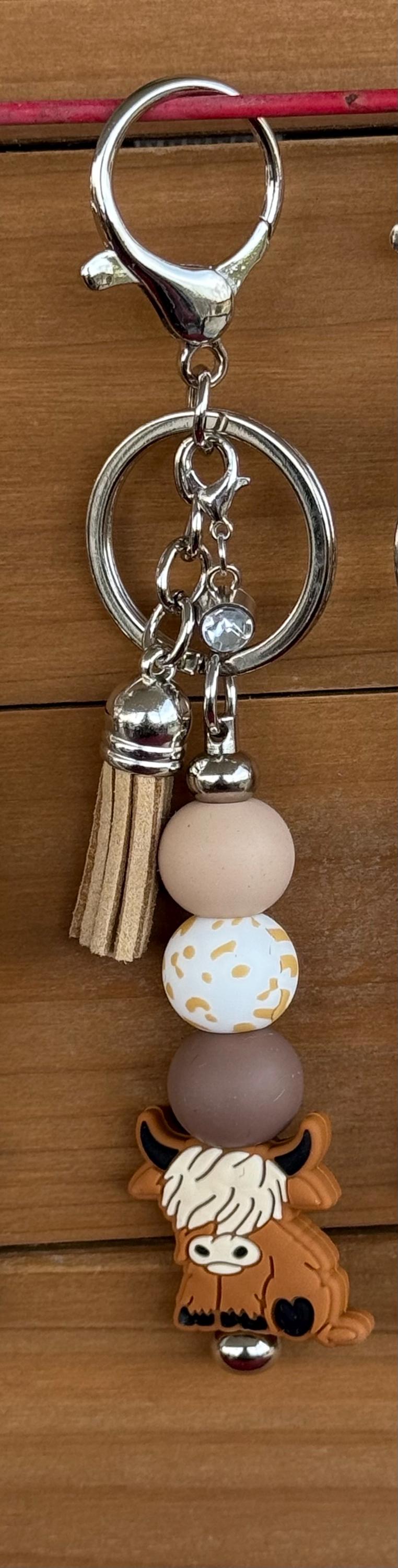 Highland Cow Silicone Beaded Keychain with Leather Tassel