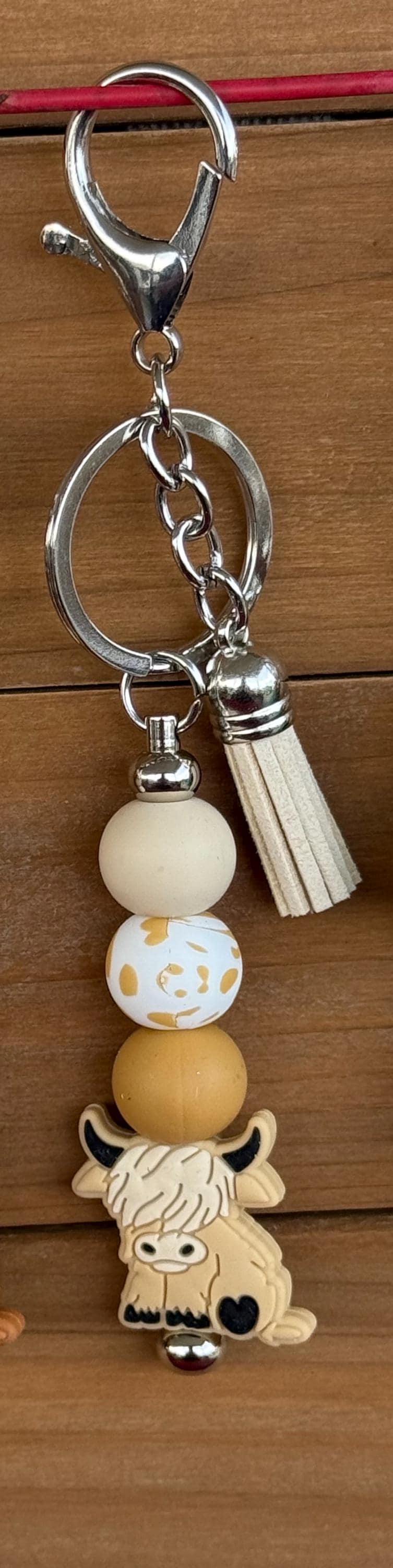 Highland Cow Silicone Beaded Keychain with Leather Tassel
