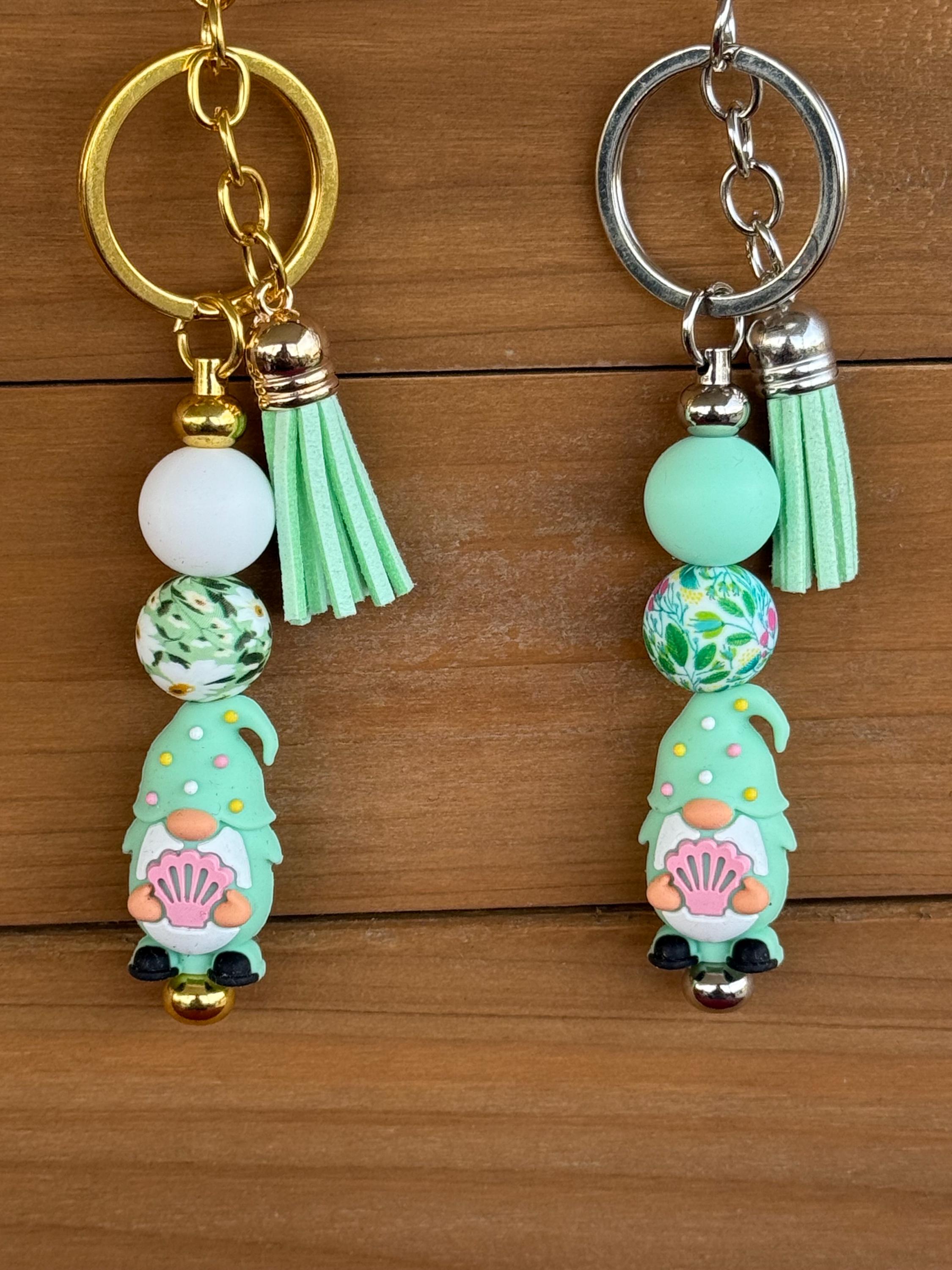 Beach Gnome Silicone Beaded Keychain with Leather Tassel