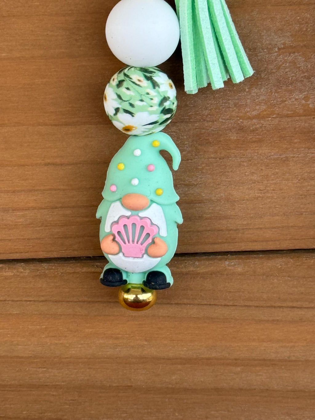 Beach Gnome Silicone Beaded Keychain with Leather Tassel