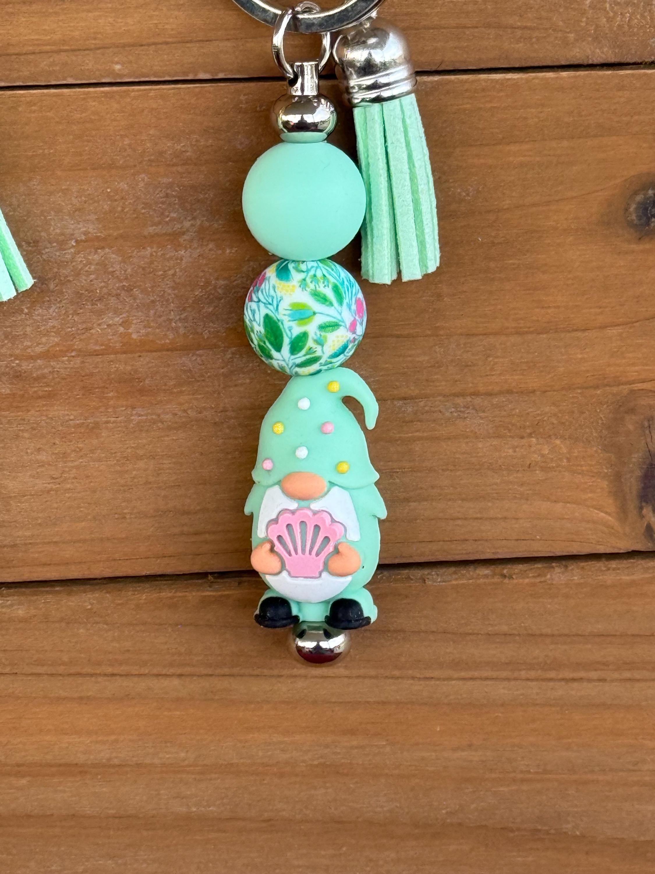 Beach Gnome Silicone Beaded Keychain with Leather Tassel