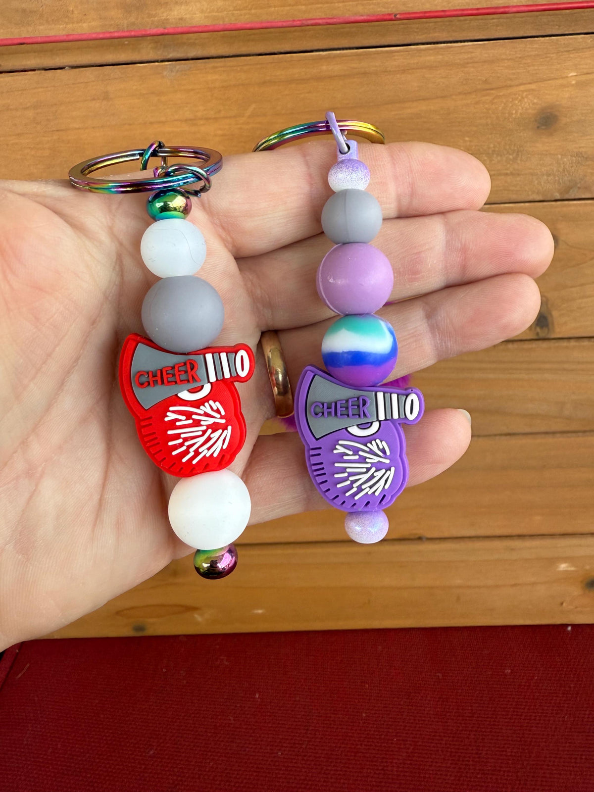 Cheerleading Silicone Beaded Keychain with Fuzzy Pom Pom Accents