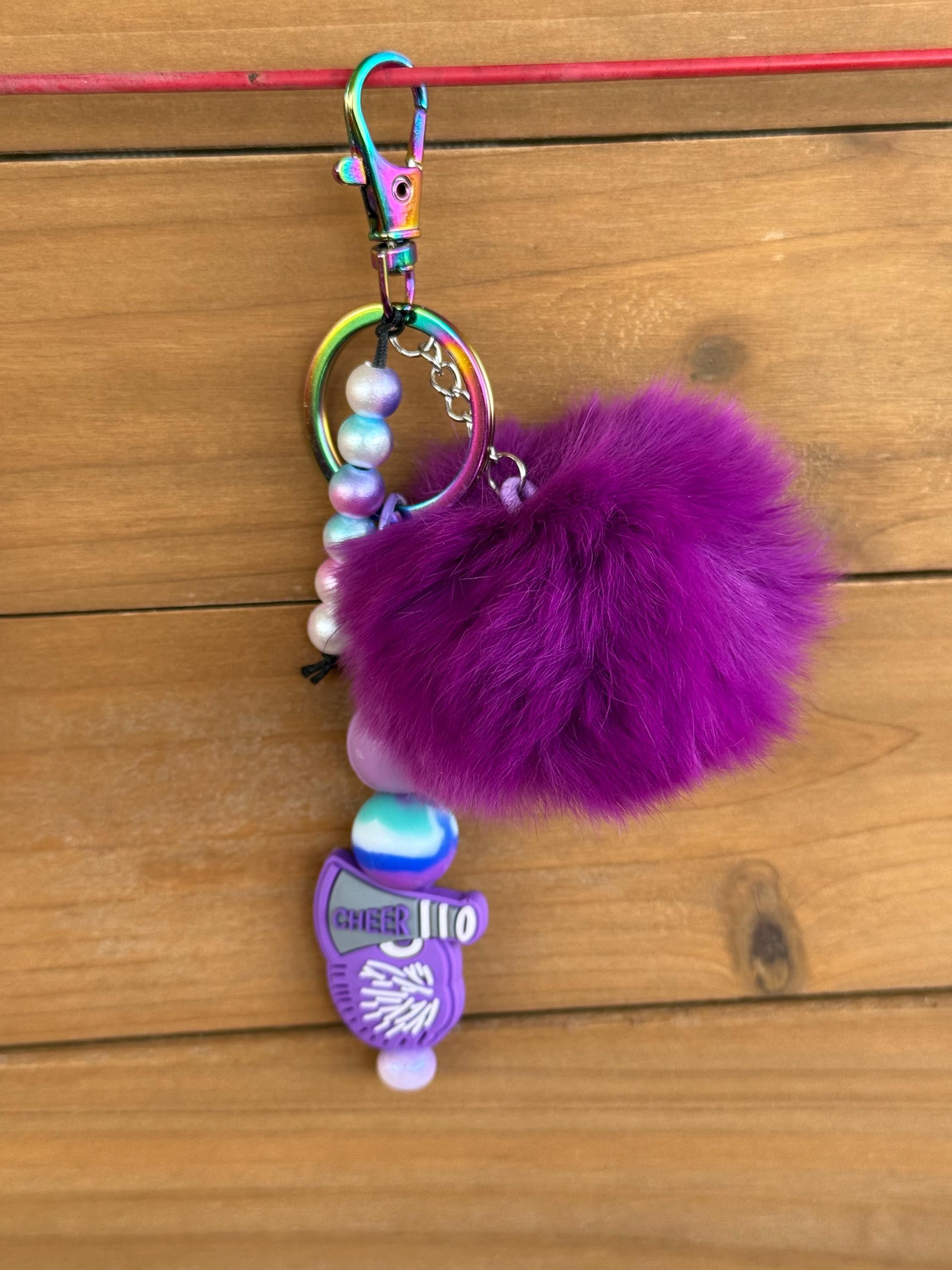 Cheerleading Silicone Beaded Keychain with Fuzzy Pom Pom Accents
