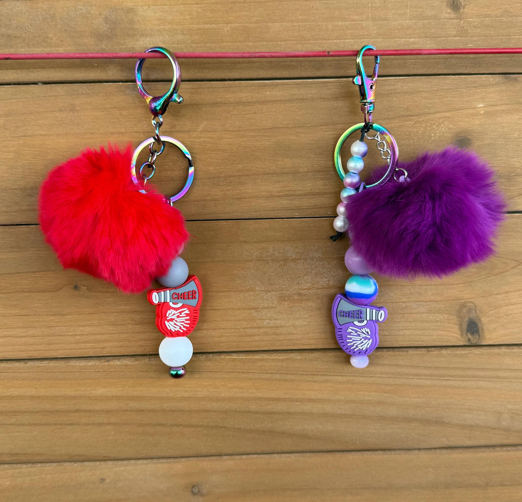 Cheerleading Silicone Beaded Keychain with Fuzzy Pom Pom Accents