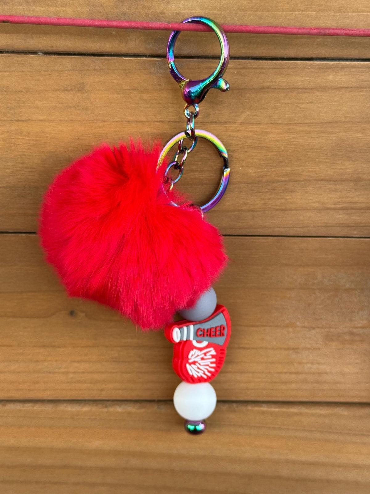 Cheerleading Silicone Beaded Keychain with Fuzzy Pom Pom Accents