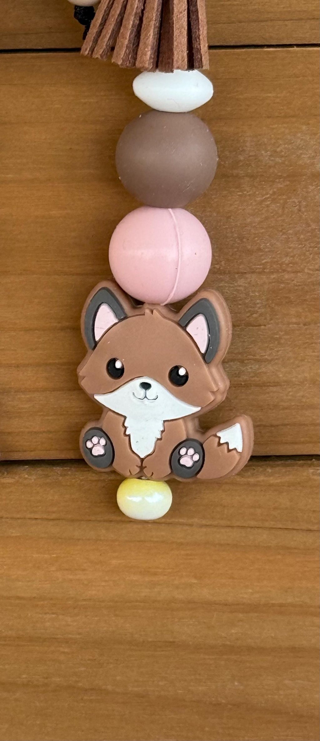 Cute Fox Silicone Beaded Keychain with Leather Tassel