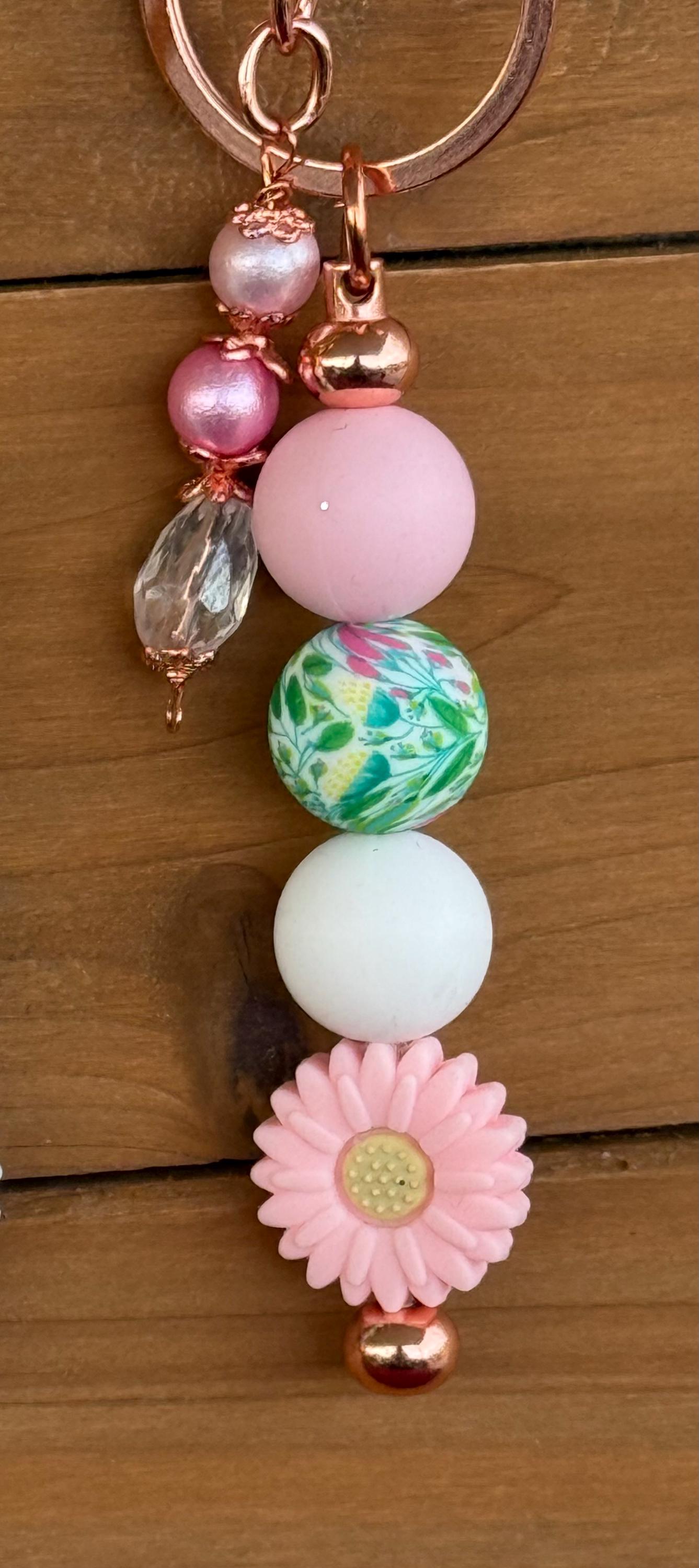 Daisy Flower Silicone Beaded Keychain with Leather Tassel
