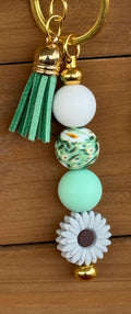Daisy Flower Silicone Beaded Keychain with Leather Tassel