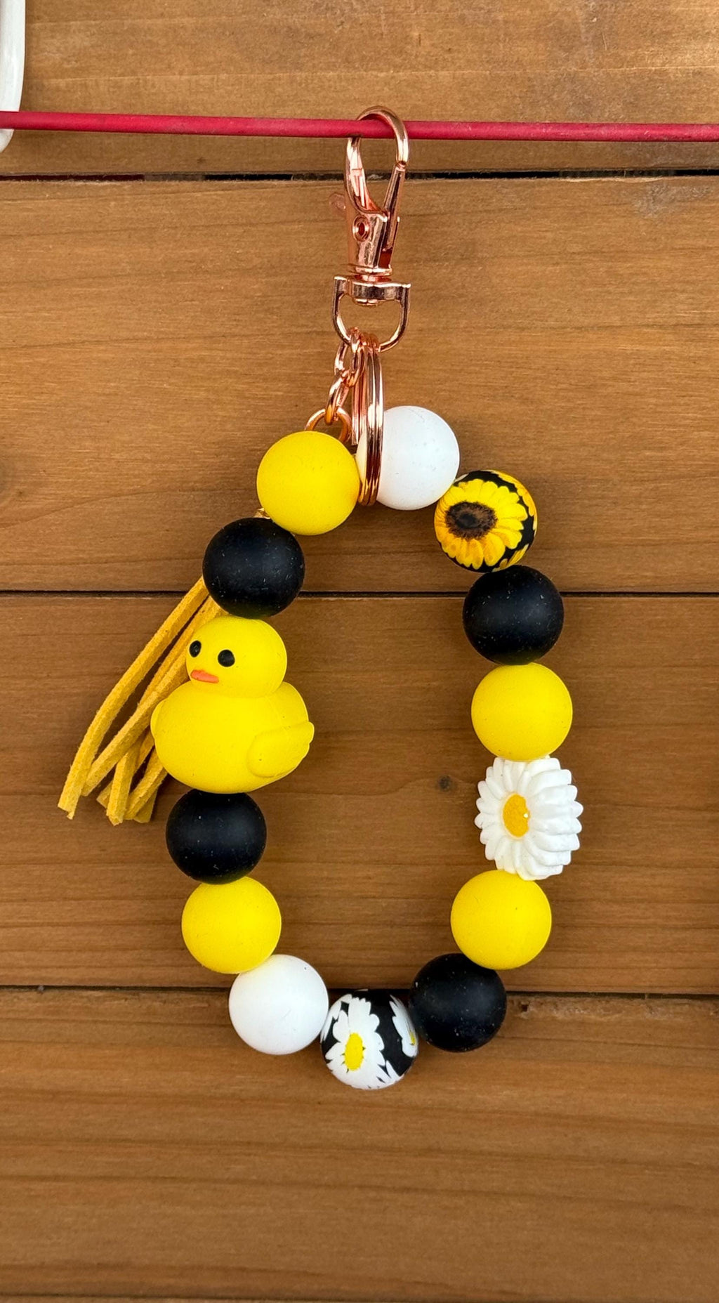 Rubber Duck & Daisy Silicone Beaded Wristlet Bracelet Keychain with Leather Tassel