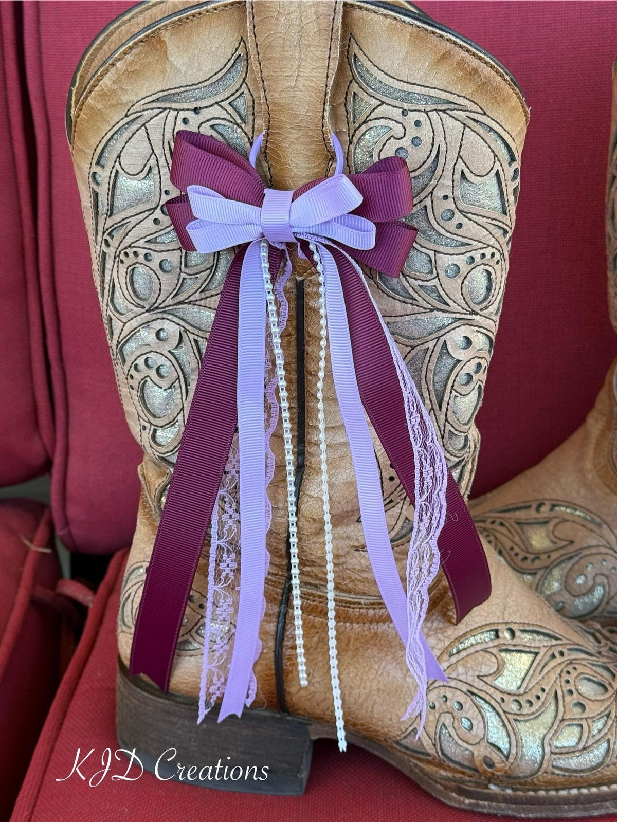 Burgundy & Lavender Cowboy Boot Bows – Western Wedding Boot Bling with Pearl Ribbon Accent