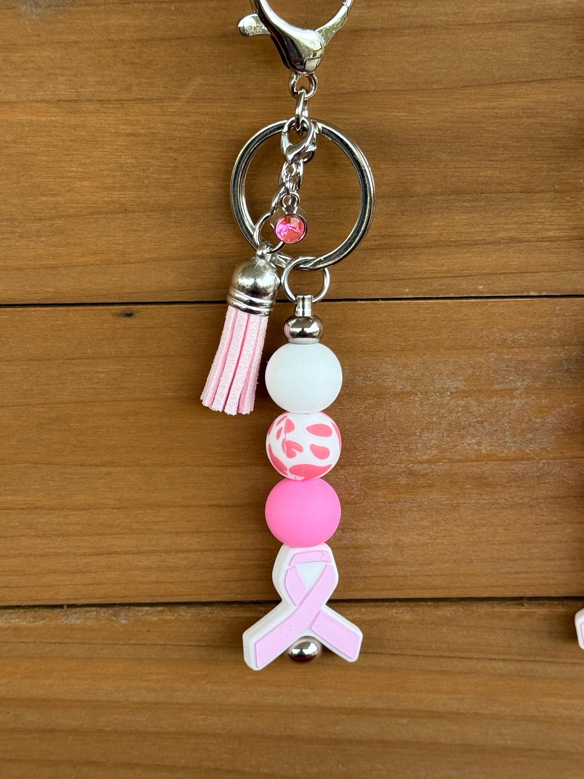 Pink Breast Cancer Awareness Ribbon Silicone Beaded Keychain & Wristlet | Bag Purse Backpack Charm