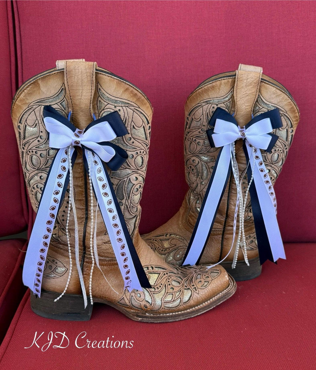 Navy Blue & White Cowboy Boot Bows – Game Day Boot Bling Accessory for Concerts & College Football
