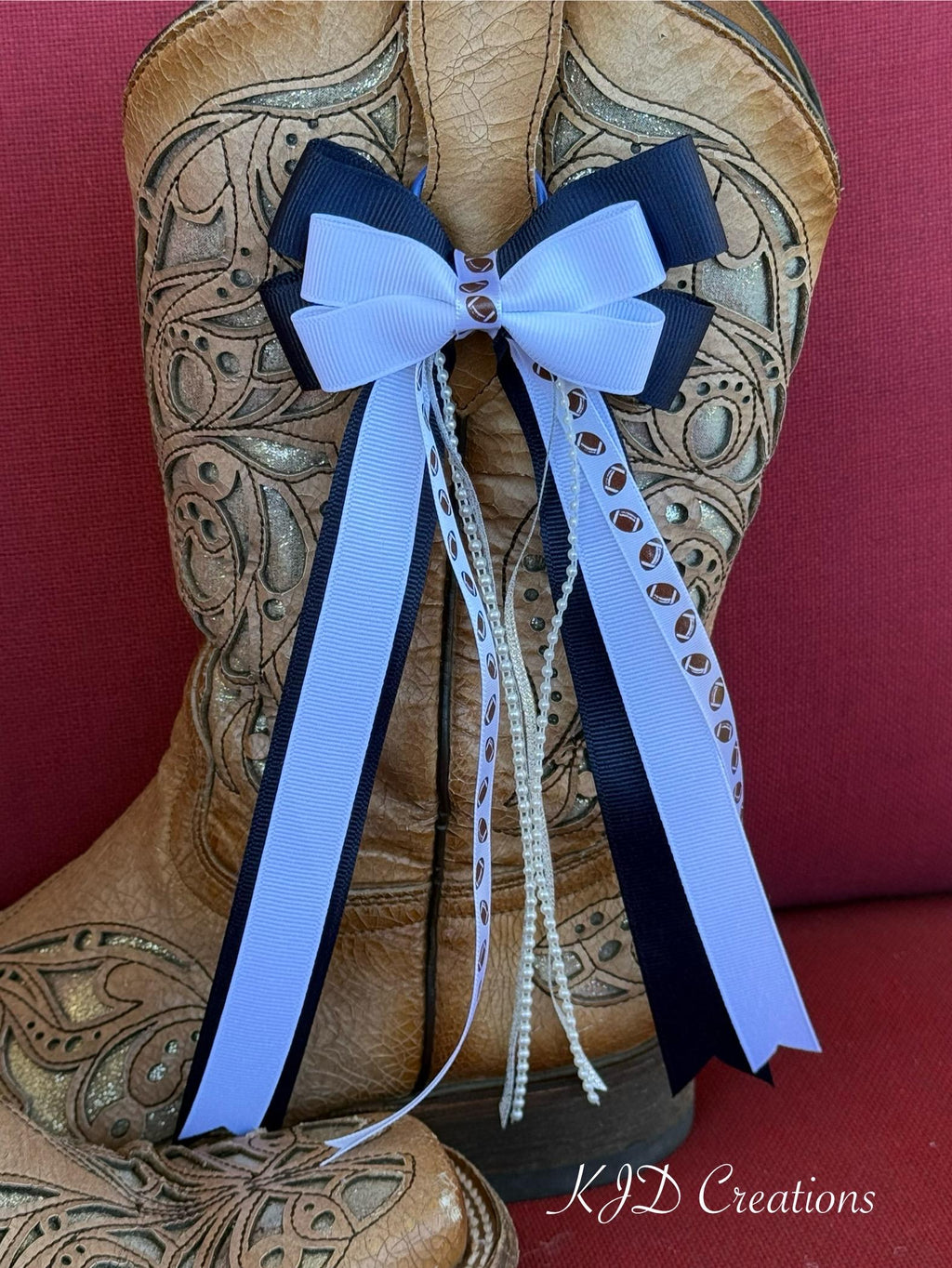 Navy Blue & White Cowboy Boot Bows – Game Day Boot Bling Accessory for Concerts & College Football