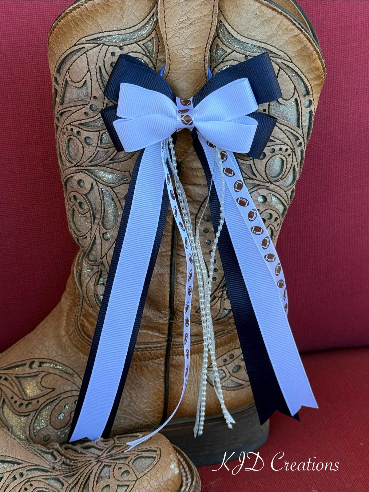 Navy Blue & White Cowboy Boot Bows – Game Day Boot Bling Accessory for Concerts & College Football