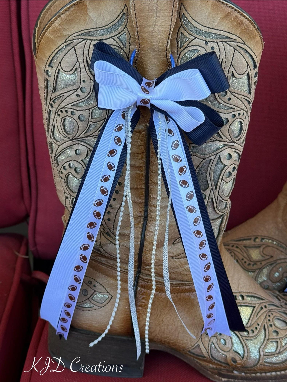 Navy Blue & White Cowboy Boot Bows – Game Day Boot Bling Accessory for Concerts & College Football