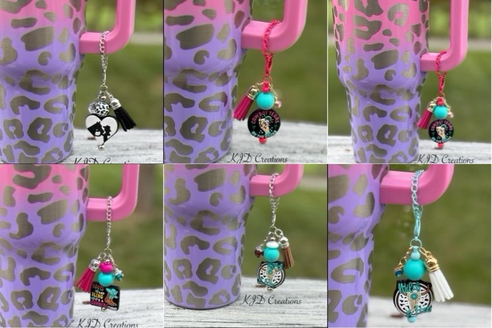 Six-panel collage of Western tumbler cup handle charms clipped to a pink and purple leopard print insulated tumbler — Cowgirl Horse, Cowboy Tears, Boots Bling, and Wild & Free designs by KJD Creations