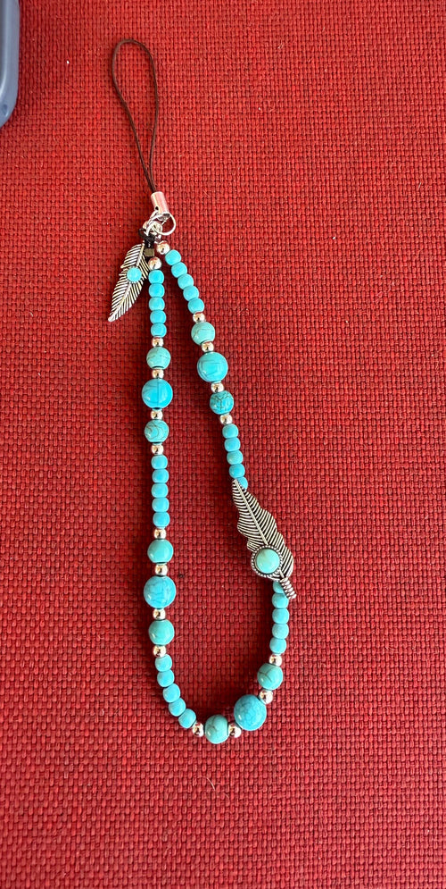Beaded Cell Phone Charm Wristlet – Turquoise & Crystal Boho Phone Strap