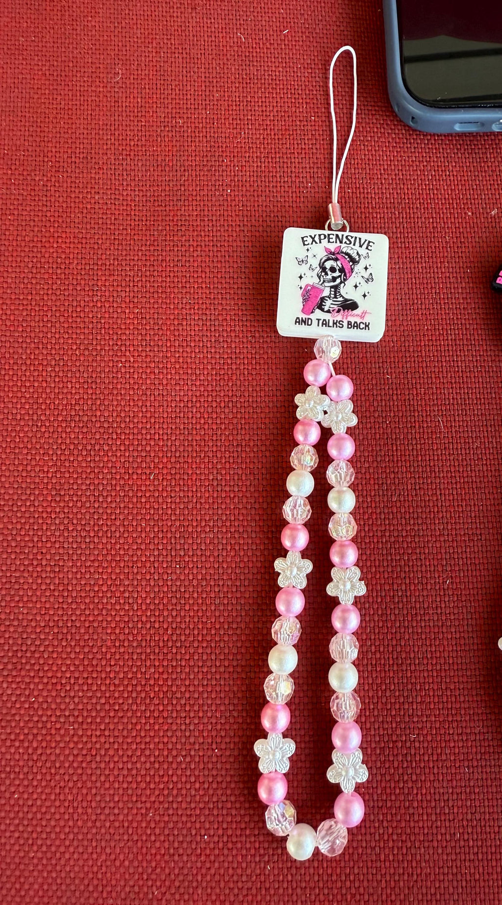 Pink Flower Beaded Cell Phone Wristlet – "Broke & Bougie" or "Expensive, Difficult & Talks Back"