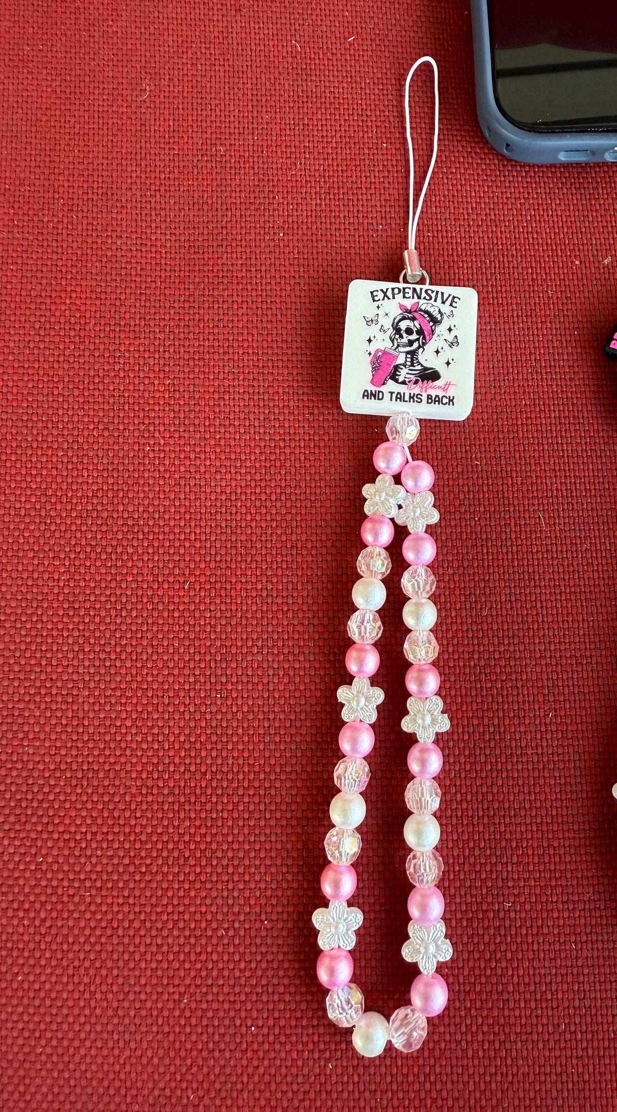 Pink Flower Beaded Cell Phone Wristlet – "Broke & Bougie" or "Expensive, Difficult & Talks Back"