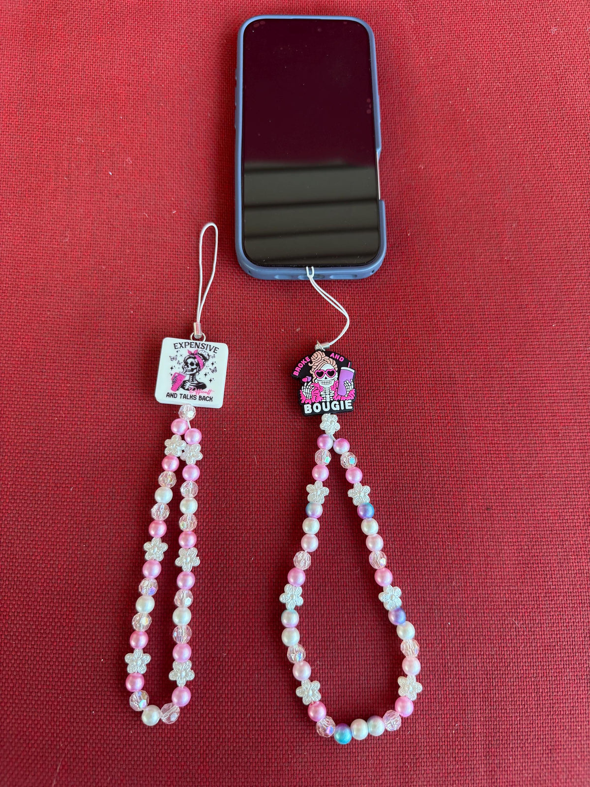 Pink Flower Beaded Cell Phone Wristlet – "Broke & Bougie" or "Expensive, Difficult & Talks Back"