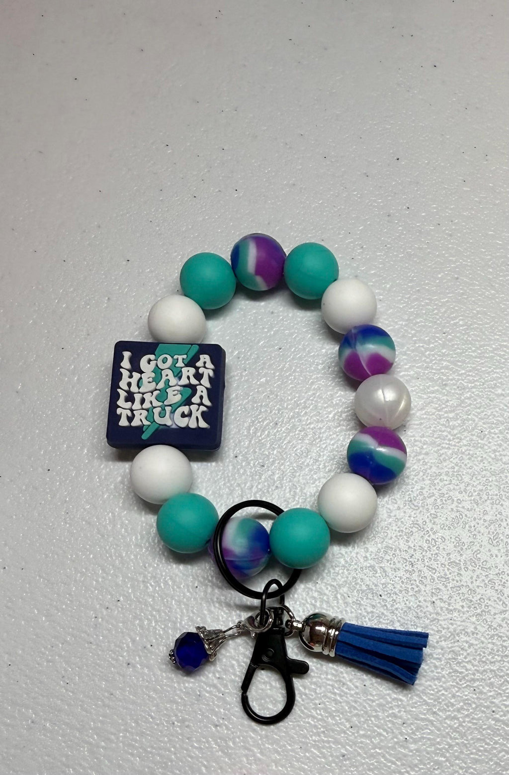 Country Music Silicone Beaded Wristlet Bracelet Keychain with Leather Tassel & Crystal Jewel