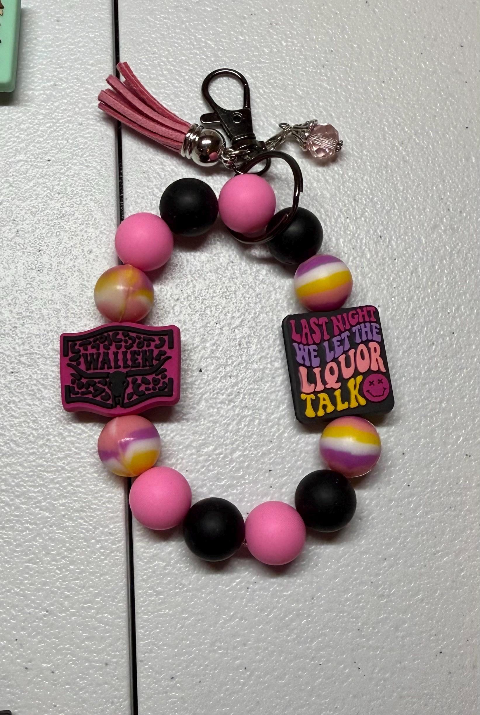 Country Music Silicone Beaded Wristlet Bracelet Keychain with Leather Tassel & Crystal Jewel