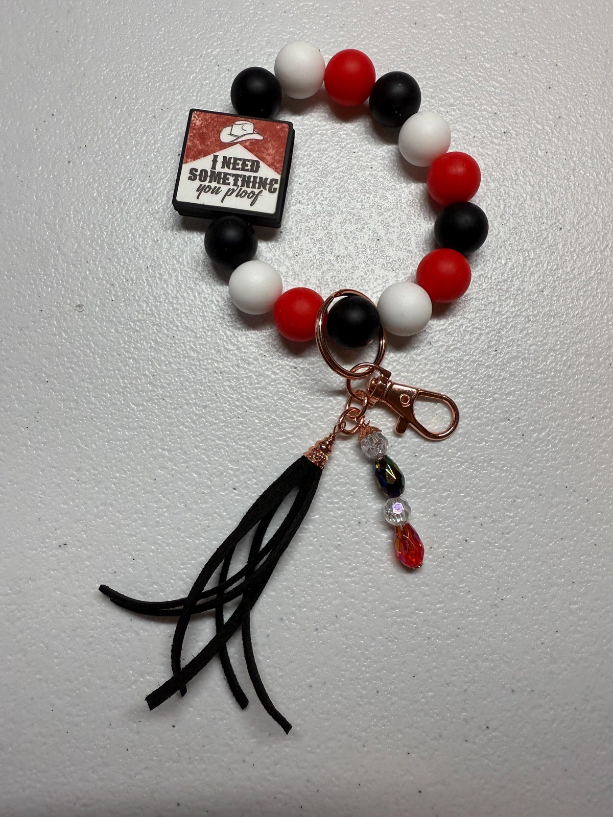 Country Music Silicone Beaded Wristlet Bracelet Keychain with Leather Tassel & Crystal Jewel