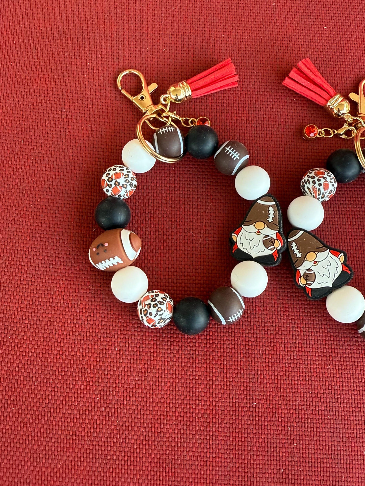Football Gnome Silicone Beaded Wristlet Bracelet Keychain with Leather Tassel