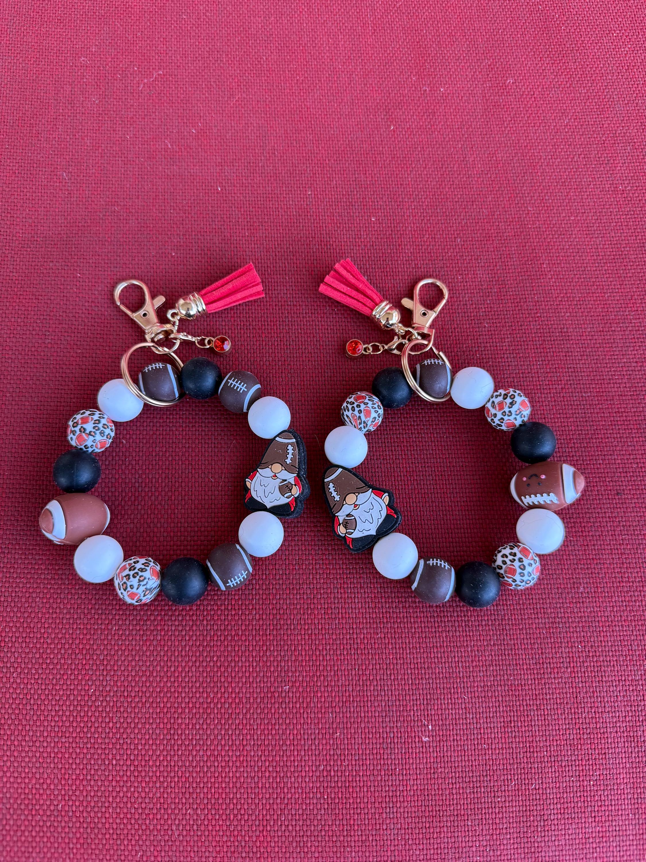 Football Gnome Silicone Beaded Wristlet Bracelet Keychain with Leather Tassel