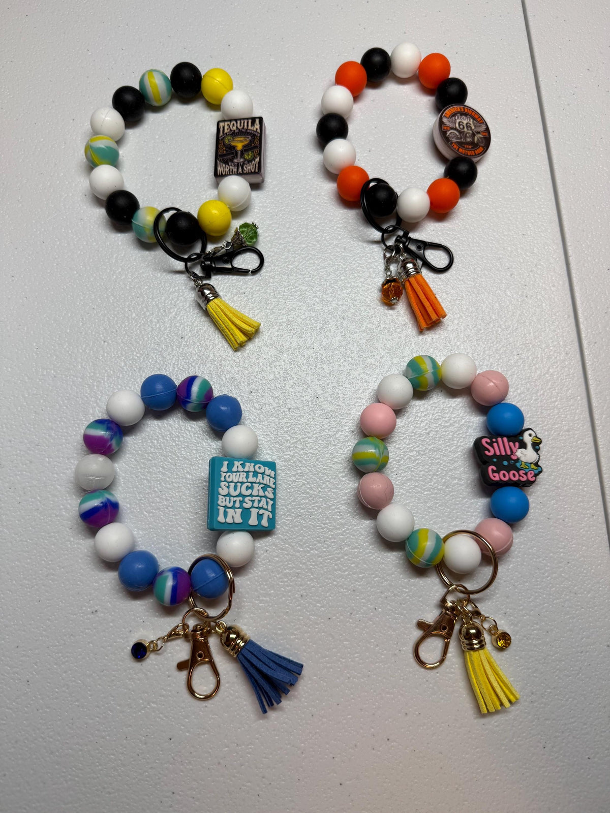 Funny Silicone Beaded Wristlet Bracelet Keychain with Leather Tassel