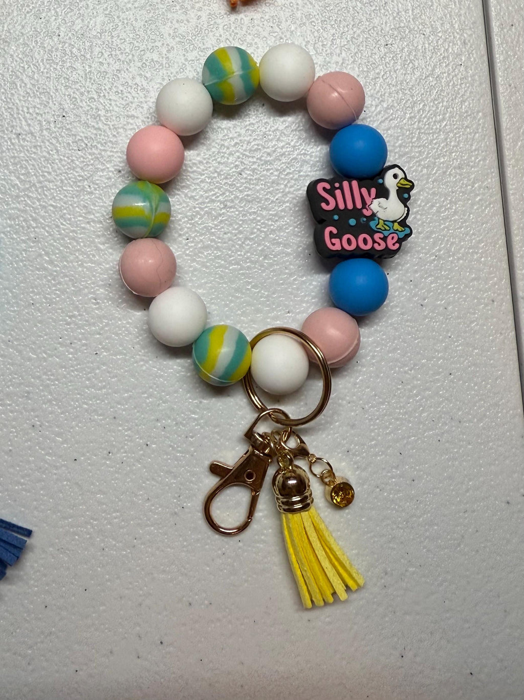 Funny Silicone Beaded Wristlet Bracelet Keychain with Leather Tassel