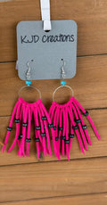 Hot Pink Faux Leather Fringe Earrings with Turquoise Accents – Western Boho Long Dangle