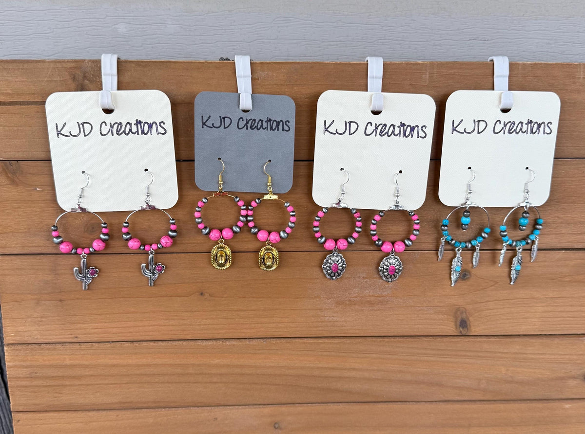 Western Boho Faux Navajo Pearl, Turquoise & Pink Beaded Charm Dangle Earrings – Cactus, Cowboy Hat & Feather Styles