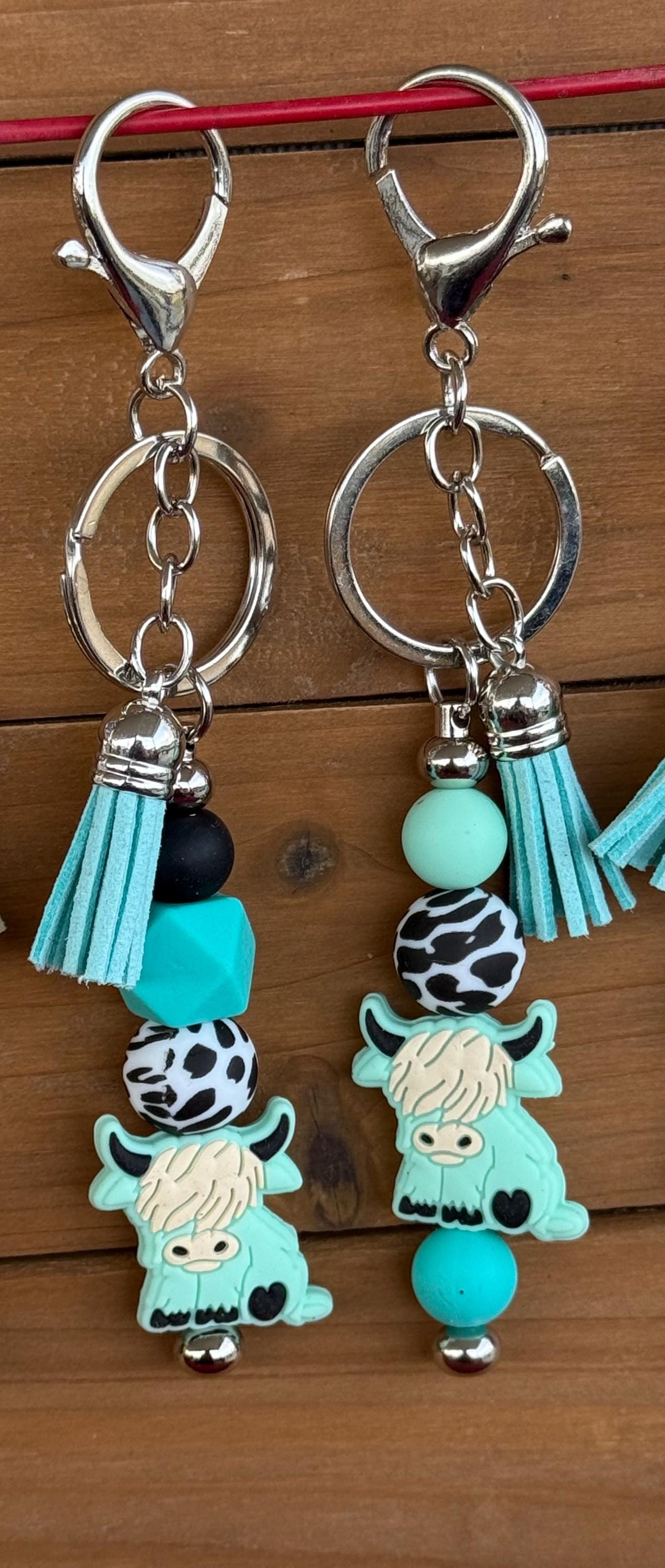 Highland Cow Silicone Beaded Keychain with Leather Tassel