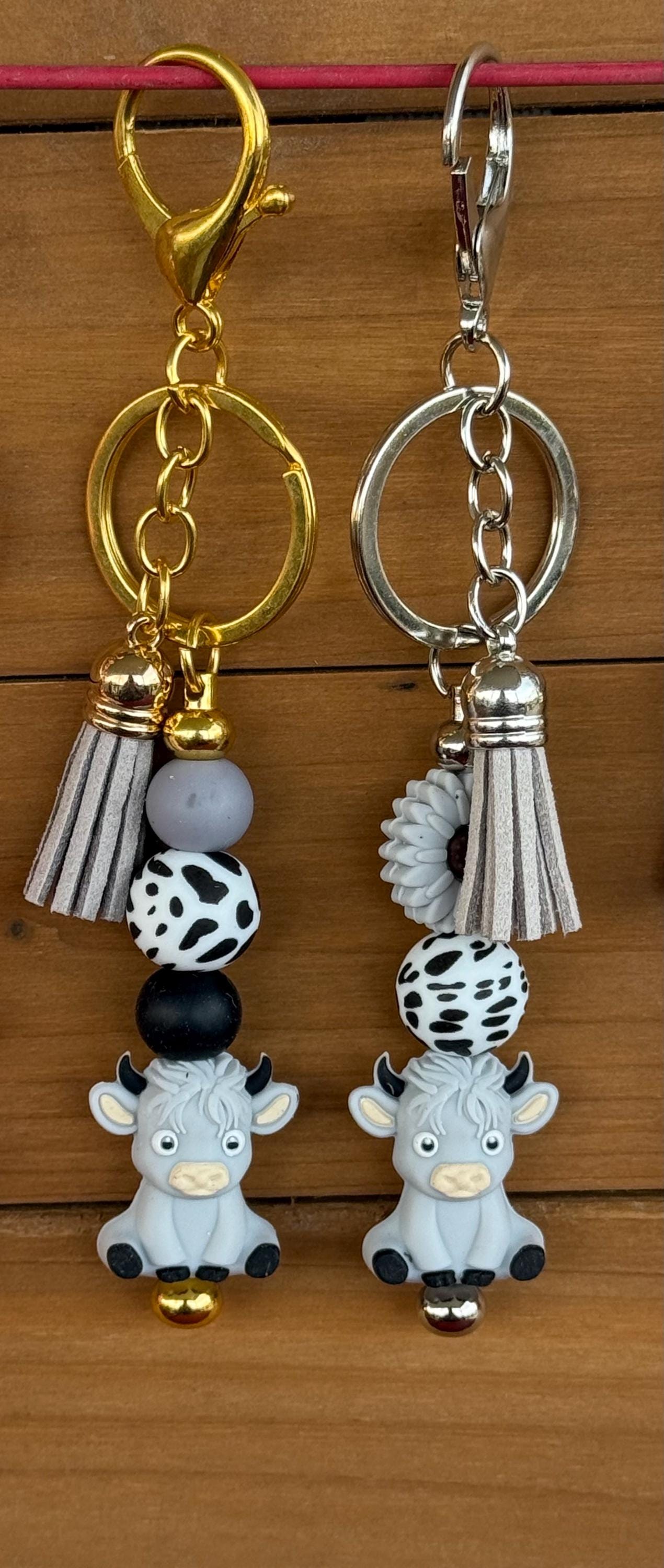 Highland Cow Silicone Beaded Keychain with Leather Tassel
