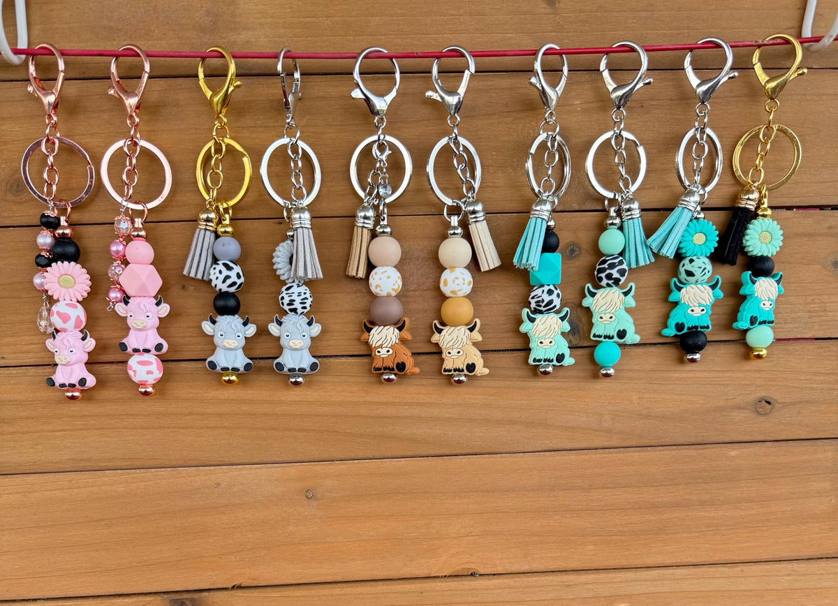 Highland Cow Silicone Beaded Keychain with Leather Tassel