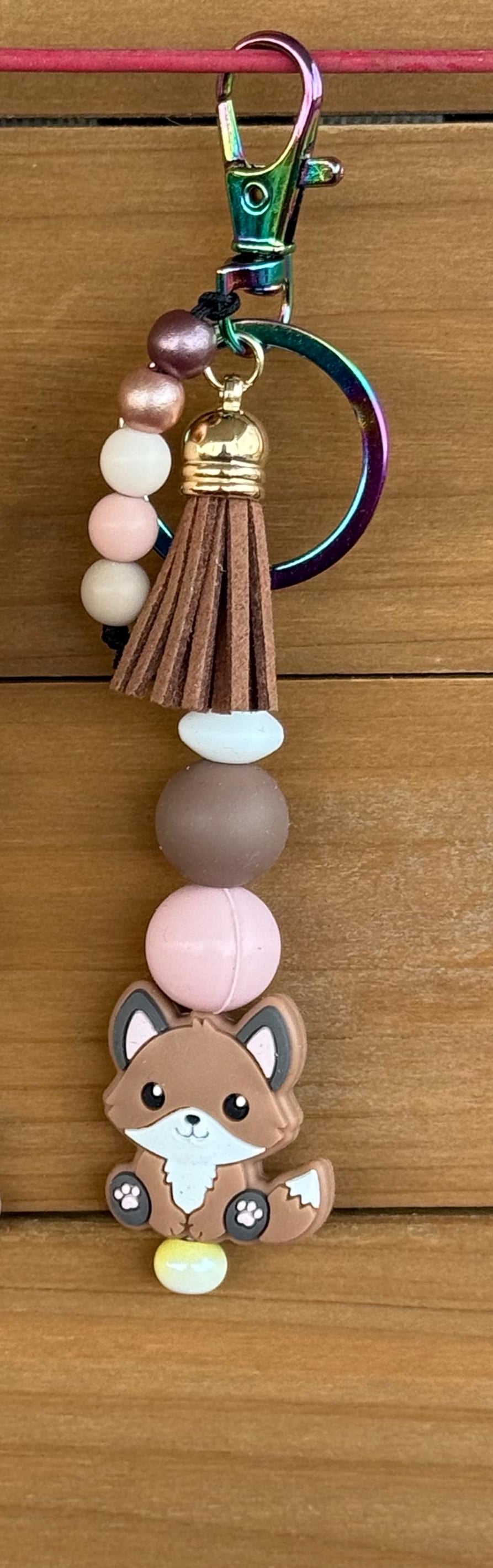 Cute Fox Silicone Beaded Keychain with Leather Tassel