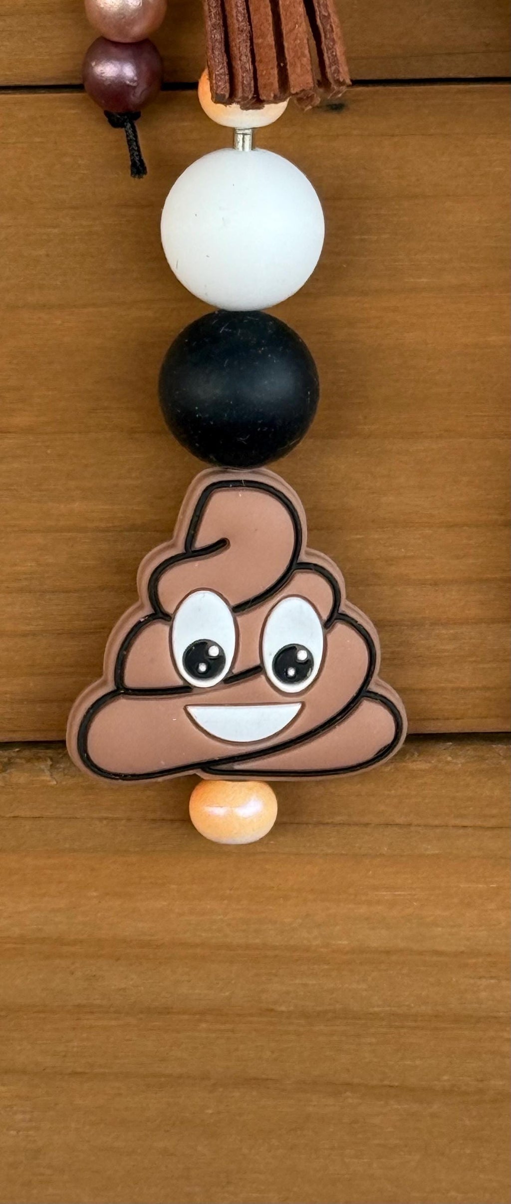 Poop Emoji Silicone Beaded Keychain with Leather Tassel