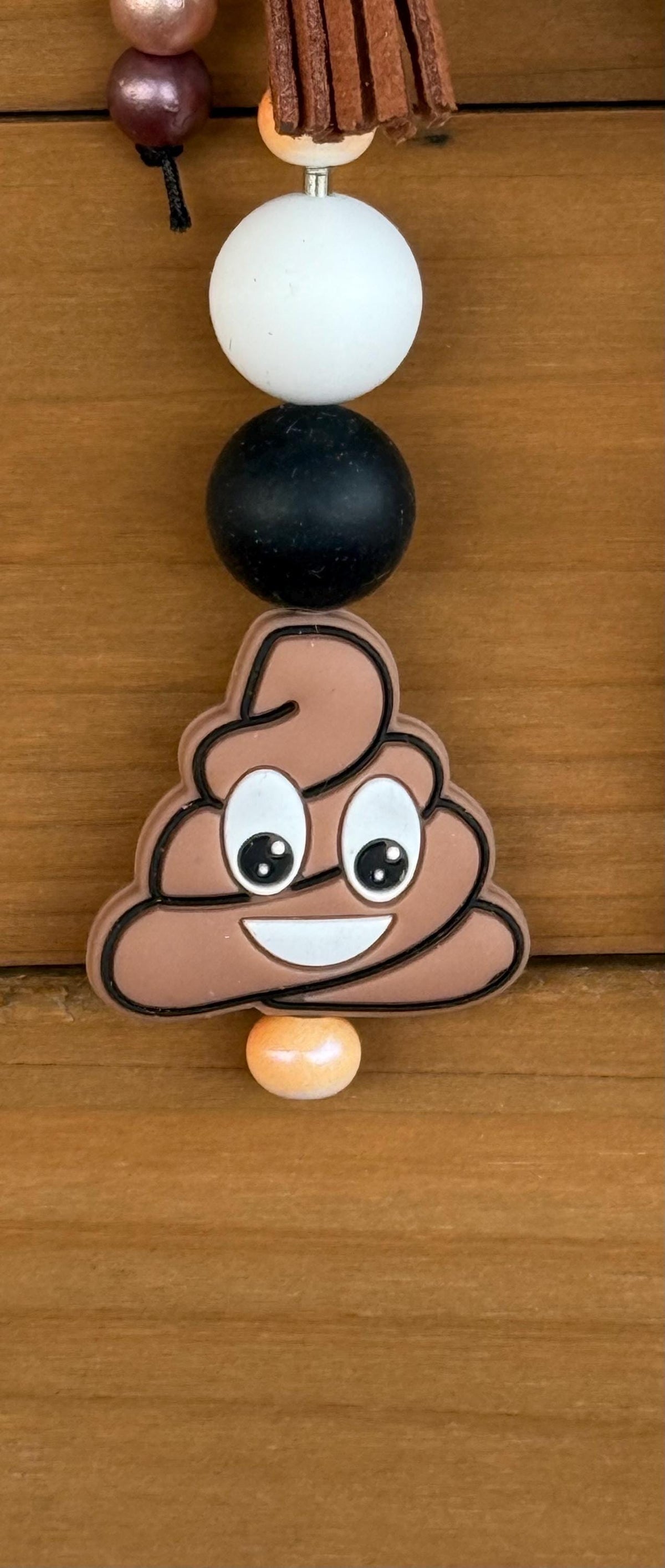 Poop Emoji Silicone Beaded Keychain with Leather Tassel