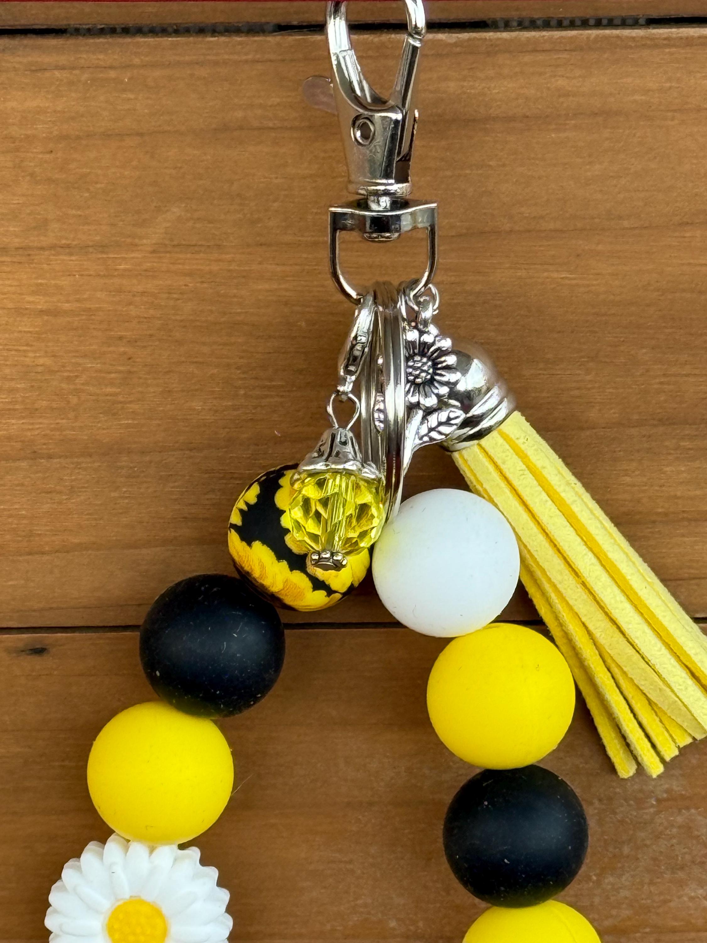 Rubber Duck & Daisy Silicone Beaded Wristlet Bracelet Keychain with Leather Tassel