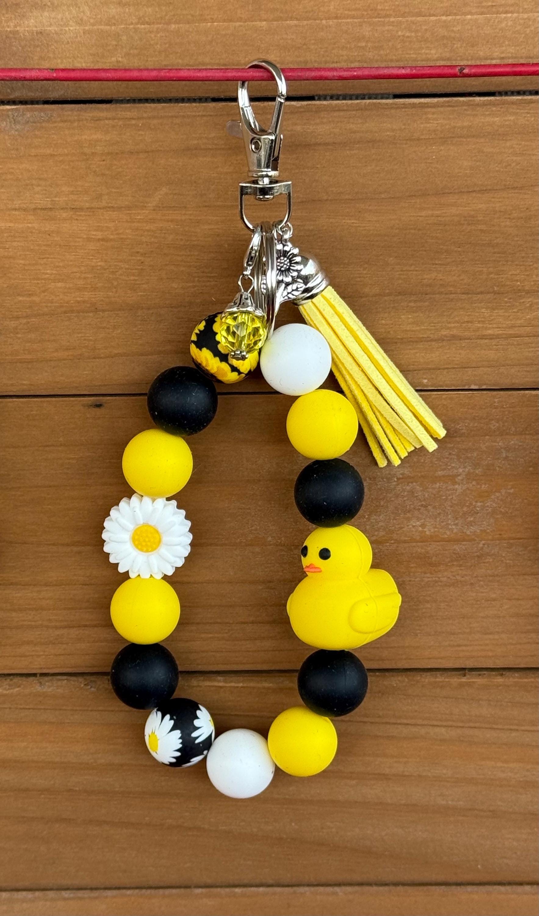 Rubber Duck & Daisy Silicone Beaded Wristlet Bracelet Keychain with Leather Tassel