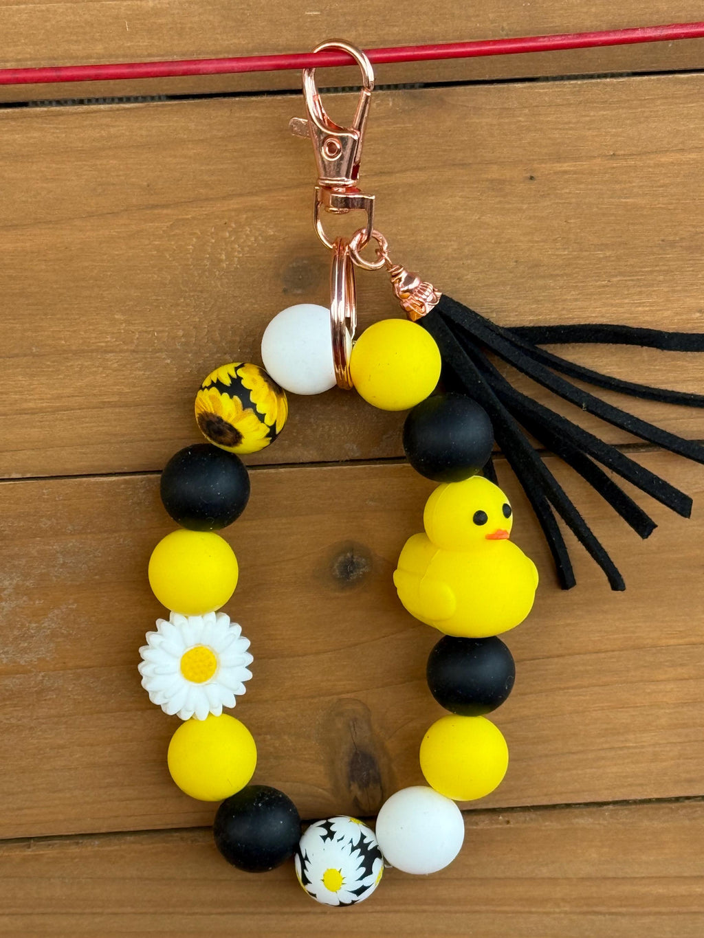 Rubber Duck & Daisy Silicone Beaded Wristlet Bracelet Keychain with Leather Tassel