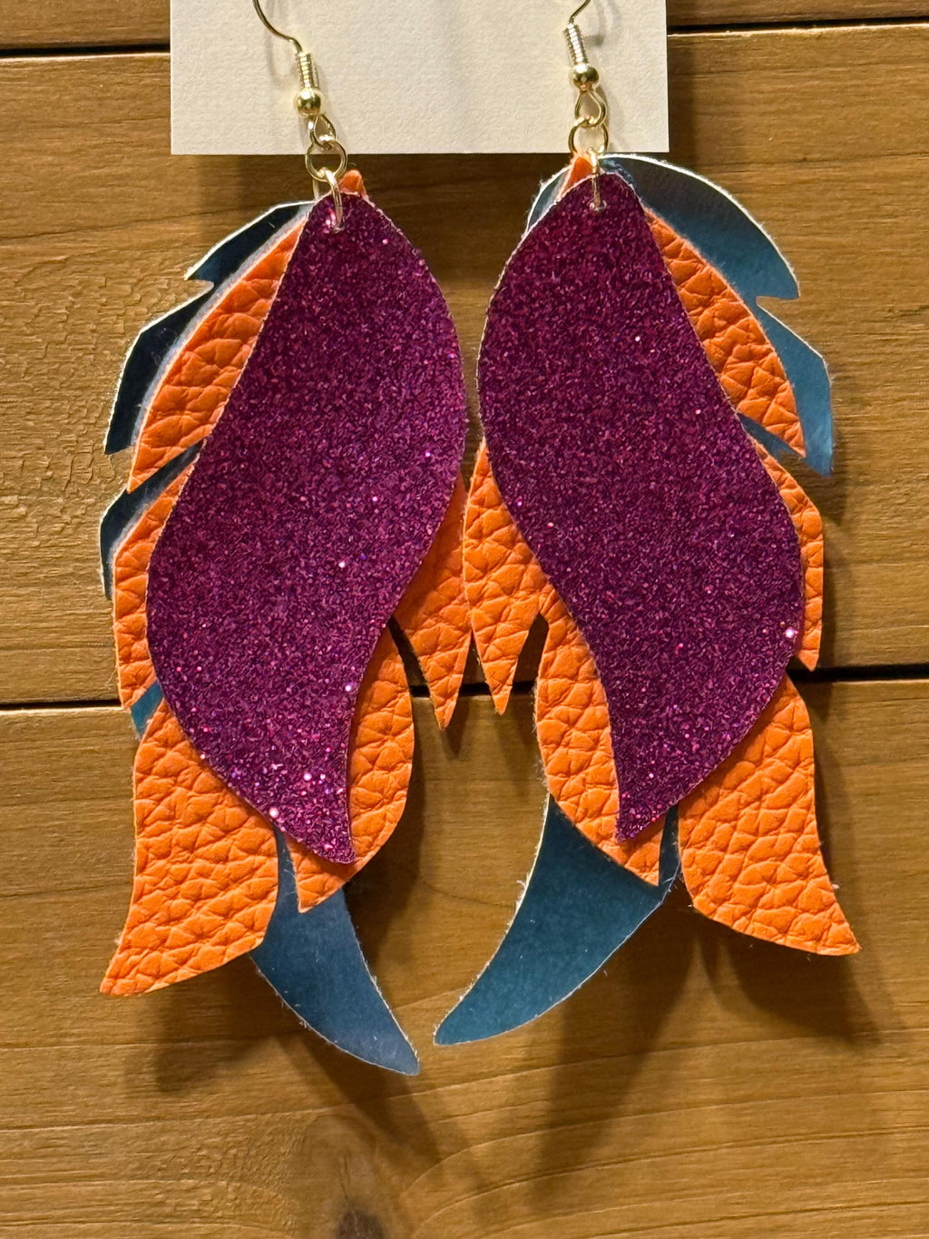 Boho Western Faux Leather Feather Fringe Dangle Earrings – Purple, Orange & Teal