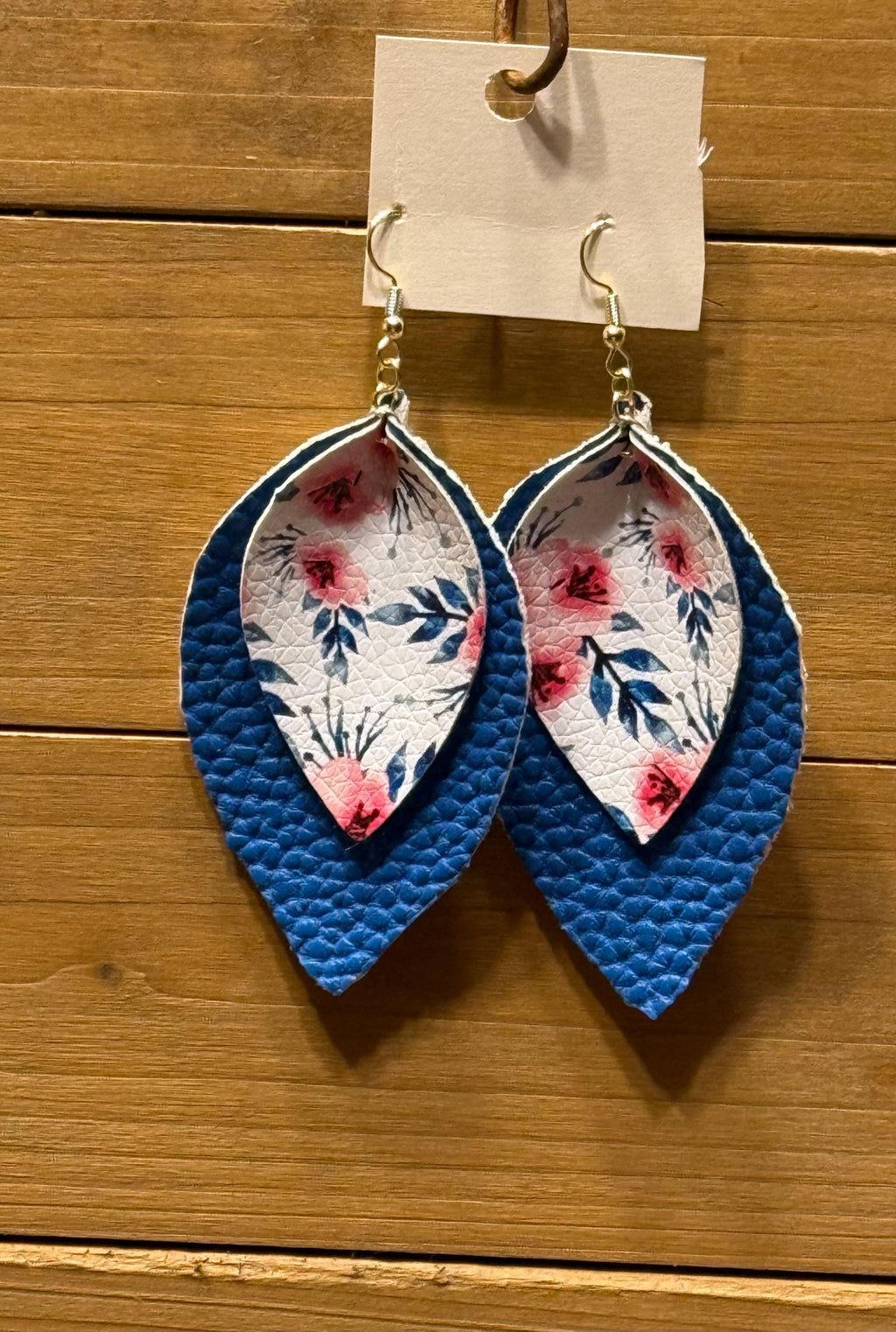 Boho Western Faux Leather Layered Leaf Dangle Earrings - Blue Floral and Textured Styles