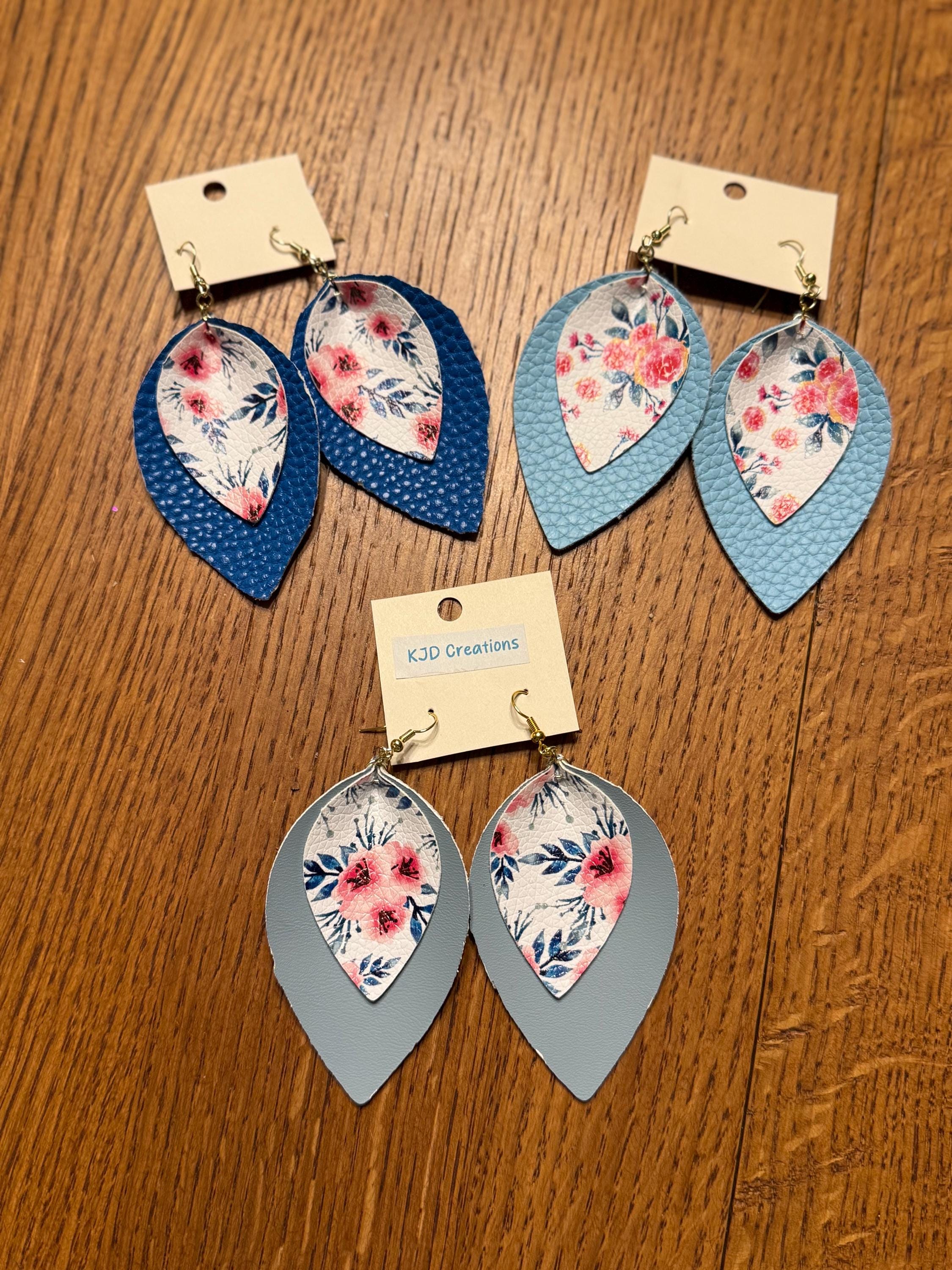 Boho Western Faux Leather Layered Leaf Dangle Earrings - Blue Floral and Textured Styles