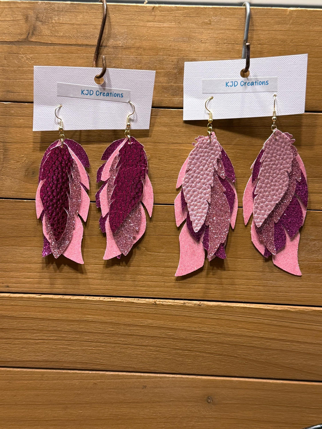 Boho Western Faux Glitter Metallic Leather Feather Dangle Earrings - Purple and Pink